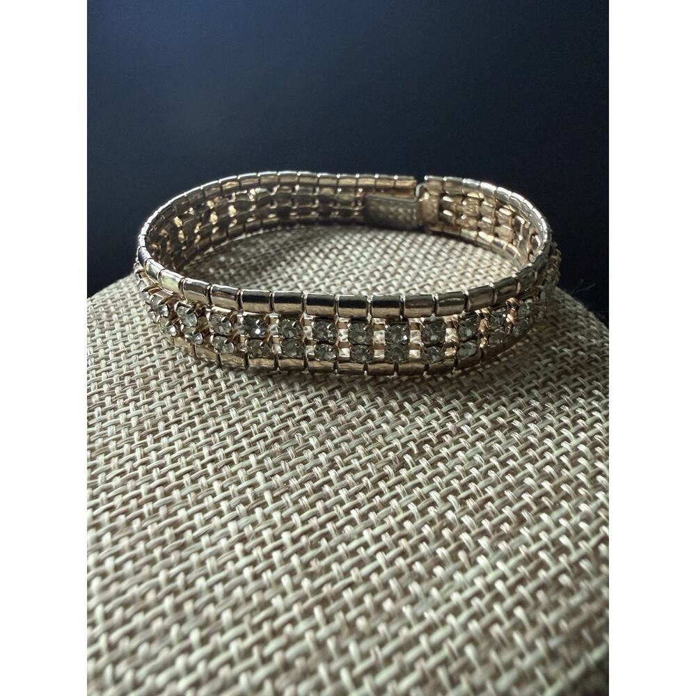 Vintage Prong Set Clear Rhinestone Bracelet Gold Tone Formal Cocktail Party